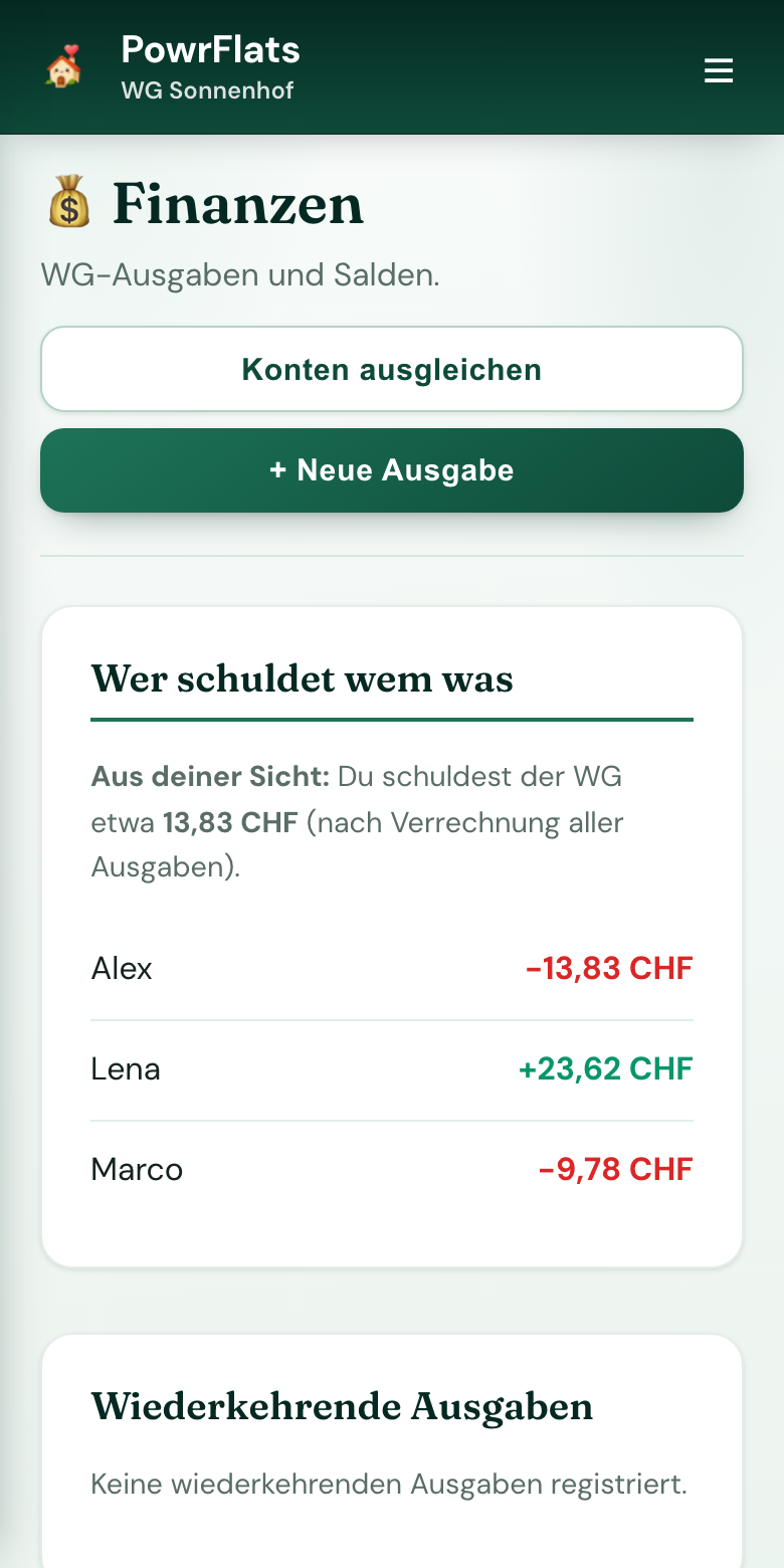 Kosten teilen ohne Excel — PowrFlats-Screenshot