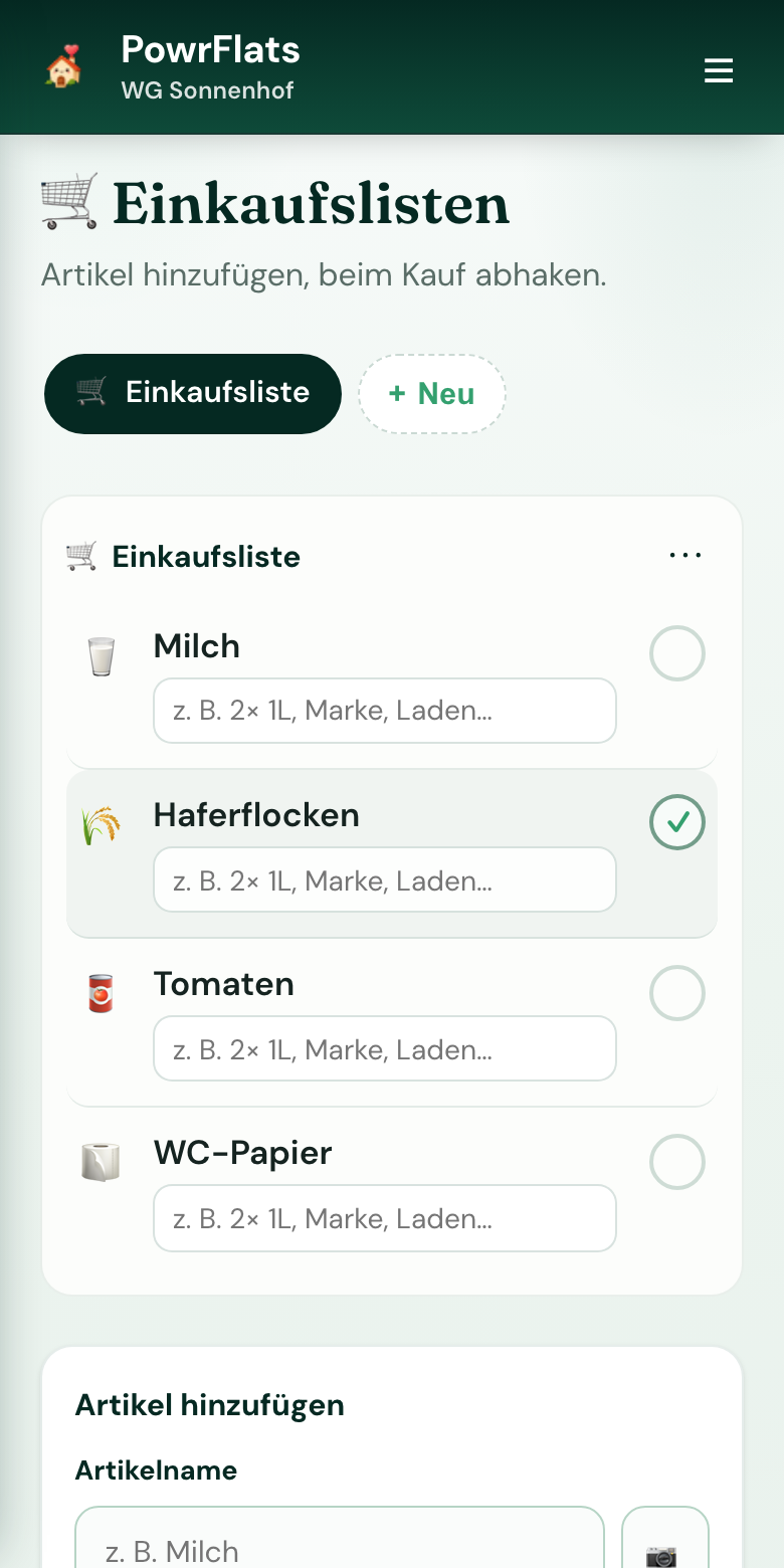 Eine Einkaufsliste fürs Tram — PowrFlats-Screenshot