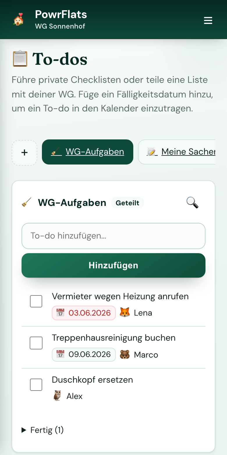 To-do-Listen, privat oder geteilt — PowrFlats-Screenshot