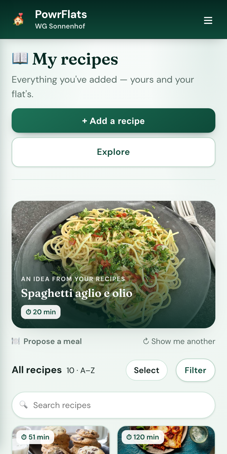 A cookbook the flat shares — PowrFlats screenshot