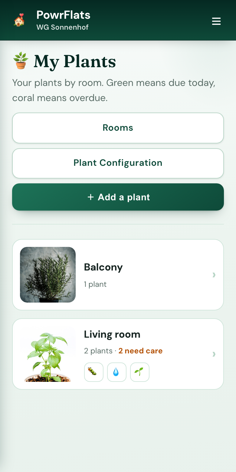Every plant's care, in one place — PowrFlats screenshot