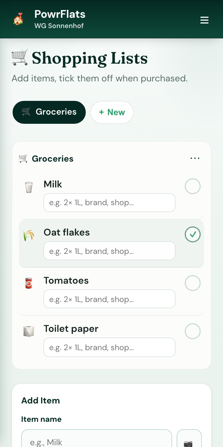 A shopping list you fill from the tram — PowrFlats screenshot