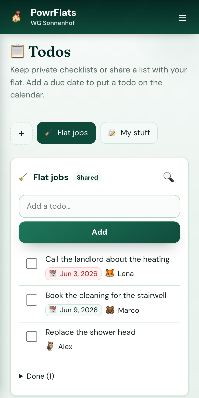To-do lists, private or shared — PowrFlats screenshot