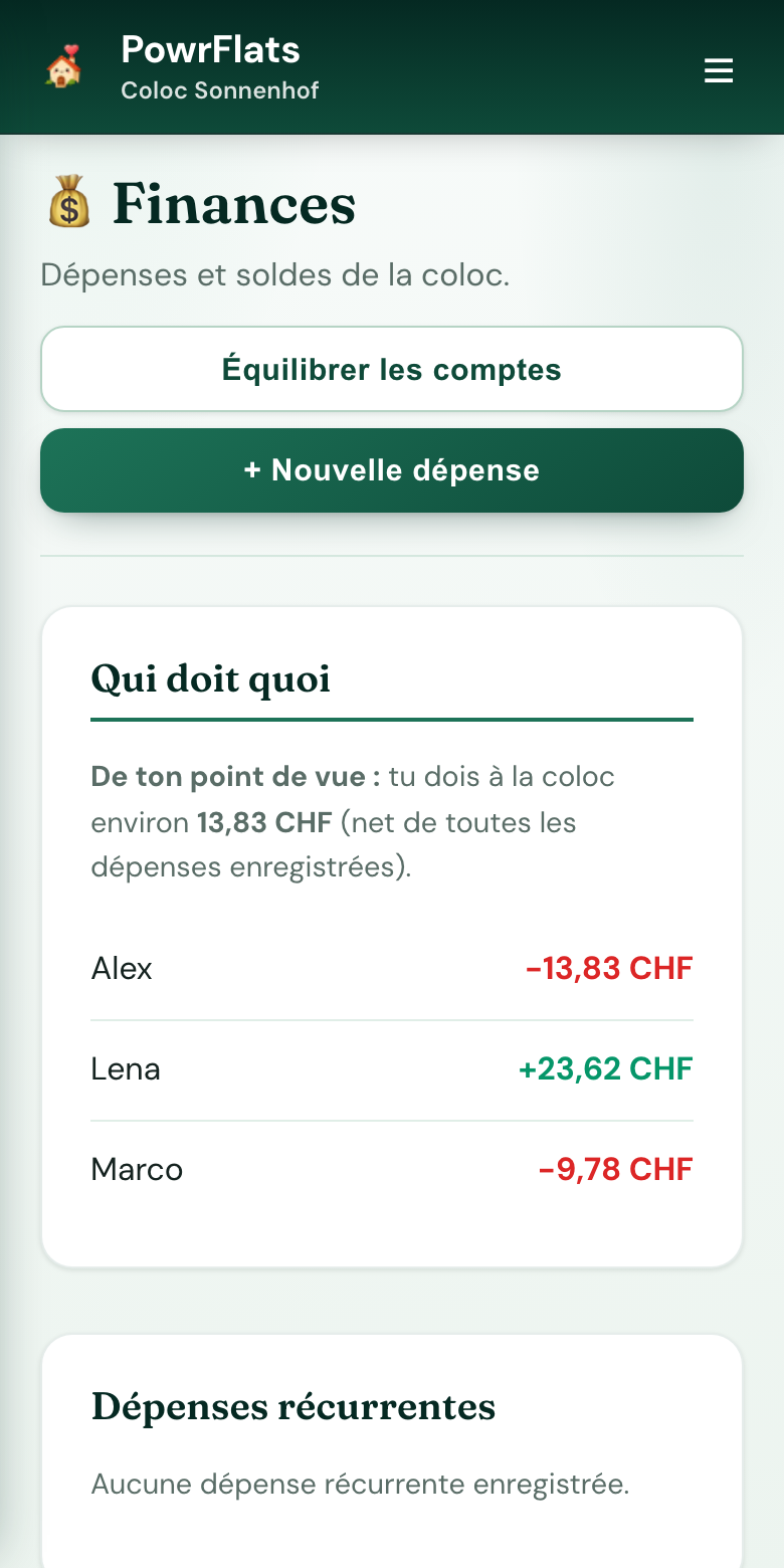 Partager les frais sans tableur — Capture d'écran PowrFlats