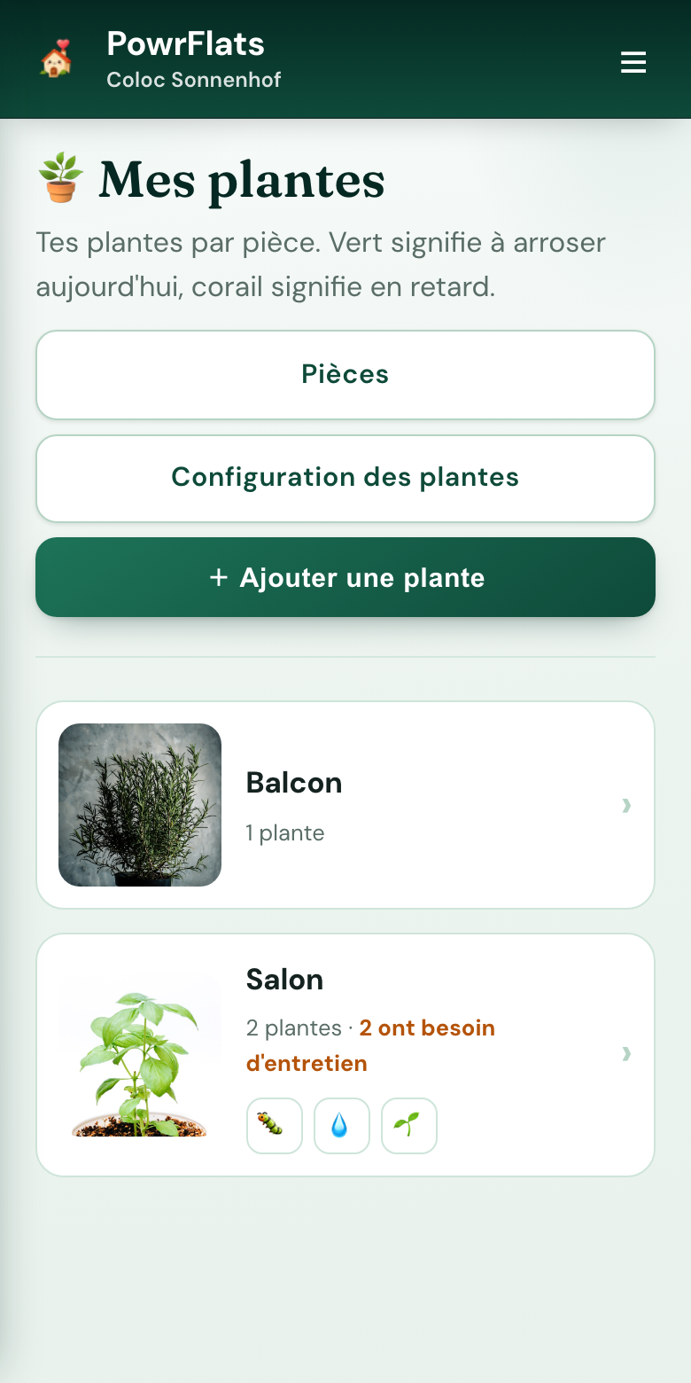 L'entretien de toutes tes plantes, au même endroit — Capture d'écran PowrFlats