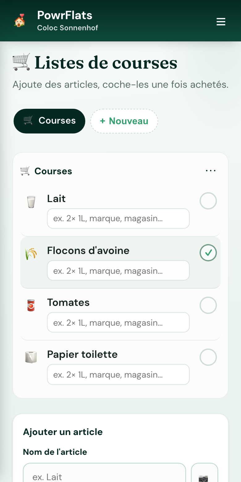 Une liste de courses à remplir dans le tram — Capture d'écran PowrFlats