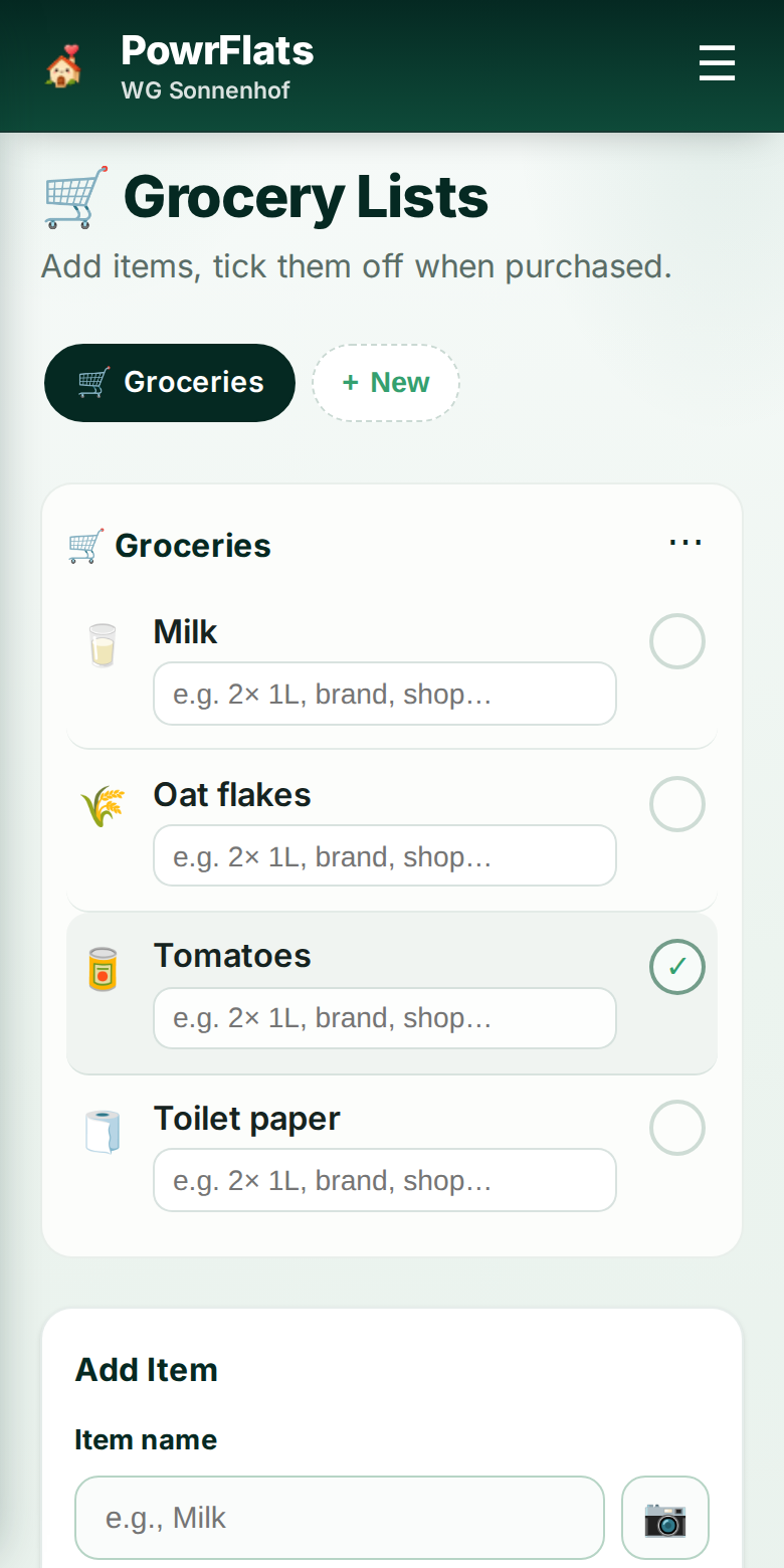 A shopping list you fill from the tram — PowrFlats screenshot